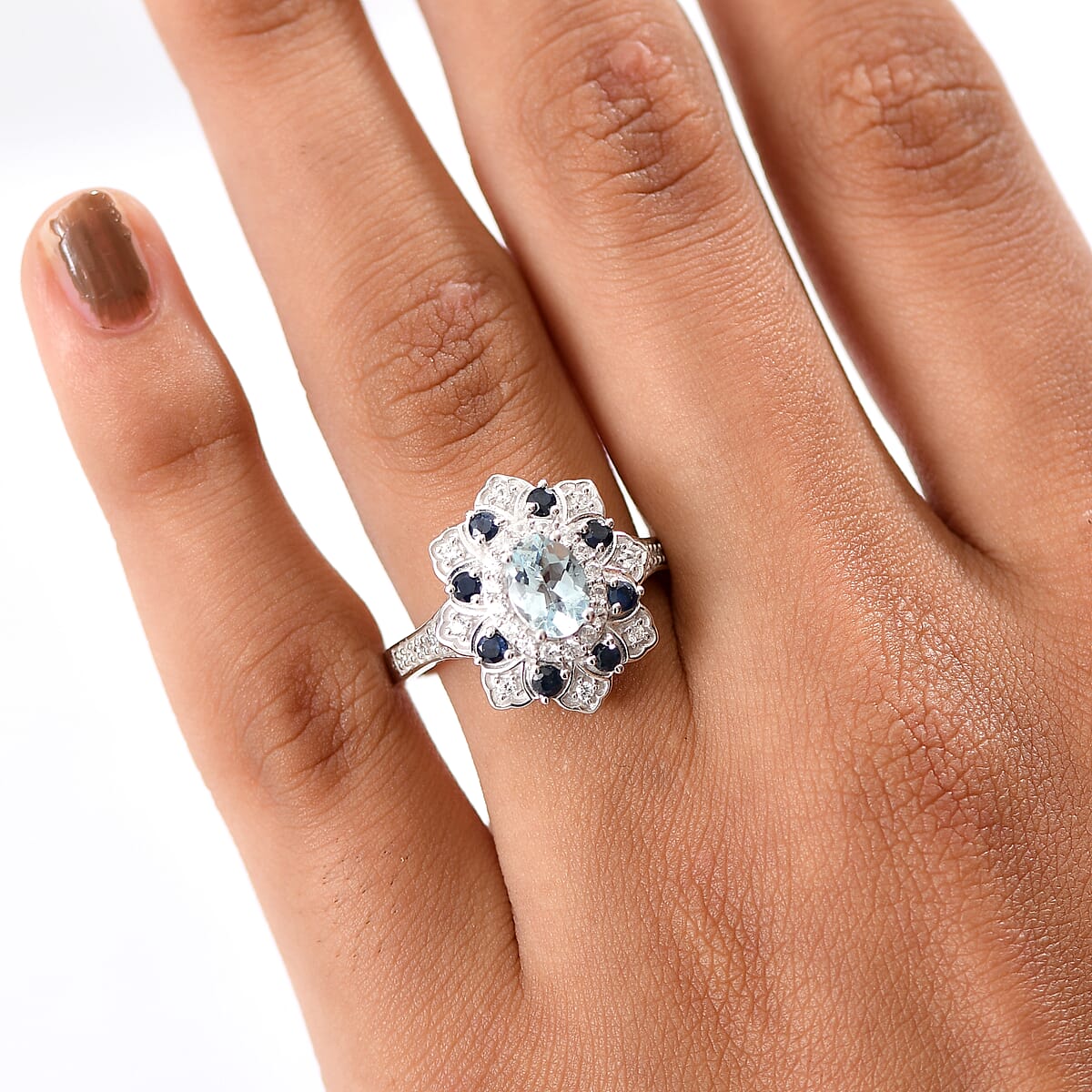 D'Joy Premium Mangoro Aquamarine, Multi Gemstone Tulip Ring in Rhodium Over Sterling Silver 1.50 ctw (Size 7.0) image number 2