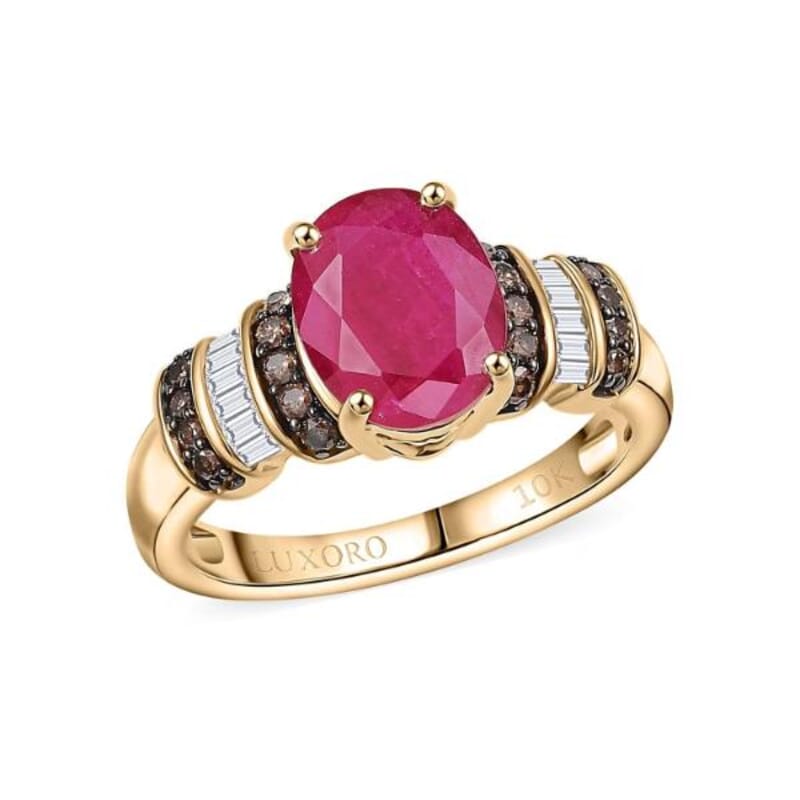 Luxoro AAA Montepuez Ruby, Natural Champagne and White Diamond Ring in 10K Yellow Gold 3.05 ctw (Size 10.0)