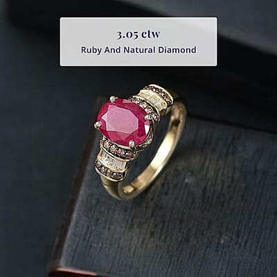 Luxoro AAA Montepuez Ruby, Natural Champagne and White Diamond Ring in 10K Yellow Gold 3.05 ctw (Size 12.0)