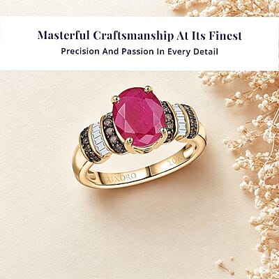 Luxoro AAA Montepuez Ruby, Natural Champagne and White Diamond Ring in 10K Yellow Gold 3.05 ctw (Size 12.0)