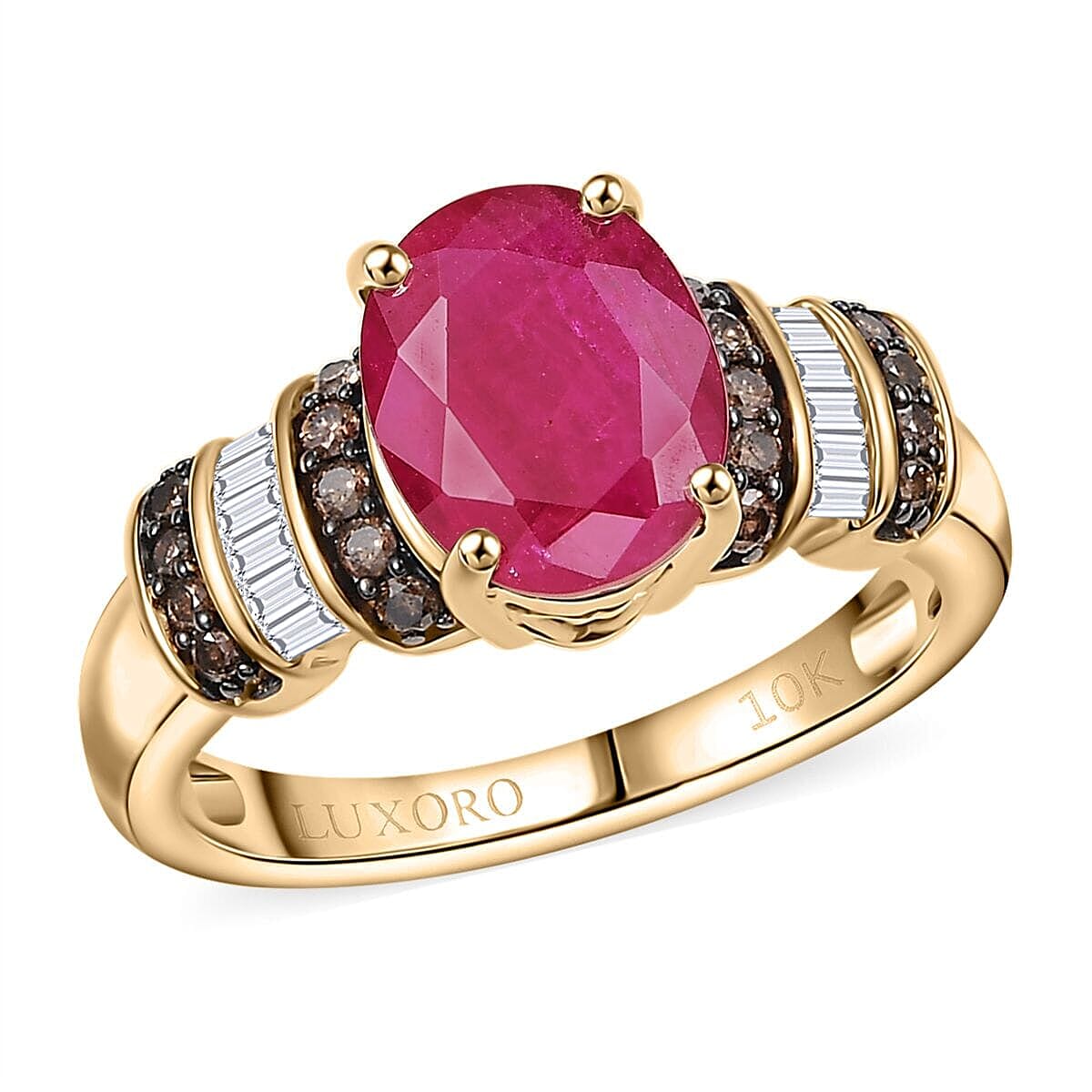 Luxoro AAA Montepuez Ruby and Natural Champagne and White Diamond I2 3.05 ctw Heirloom Floral Blaze Ring in 10K Yellow Gold (Size 5.0) image number 0