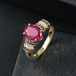 Luxoro AAA Montepuez Ruby, Natural Champagne and White Diamond Ring in 10K Yellow Gold 3.05 ctw (Size 5.5)