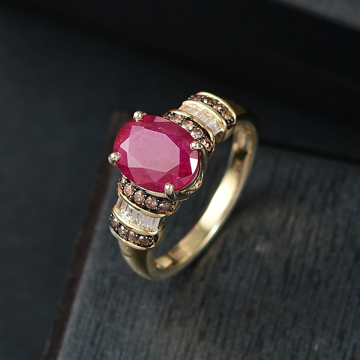 Luxoro AAA Mozambique Ruby and Natural Champagne and White Diamond I2 3.05 ctw Heirloom Floral Blaze Ring in 10K Yellow Gold (Size 6.0) image number 1