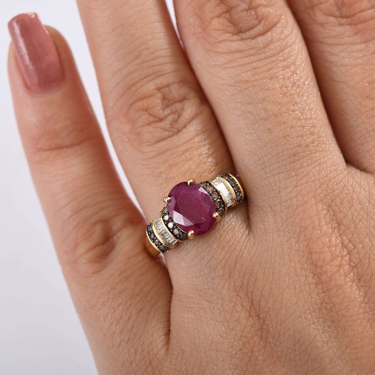 Luxoro AAA Mozambique Ruby and Natural Champagne and White Diamond I2 3.05 ctw Heirloom Floral Blaze Ring in 10K Yellow Gold (Size 6.0) image number 2