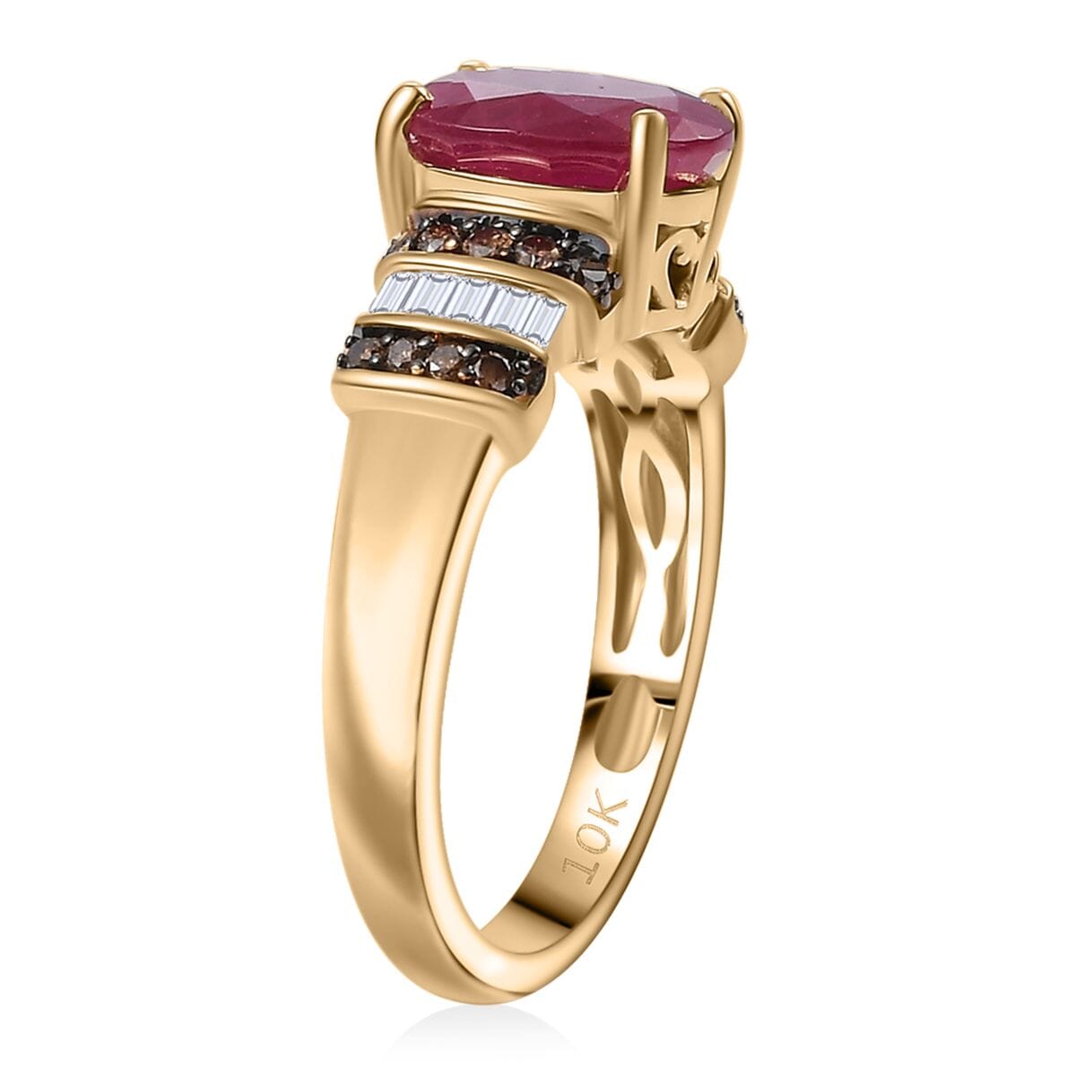 Luxoro AAA Mozambique Ruby and Natural Champagne and White Diamond I2 3.05 ctw Heirloom Floral Blaze Ring in 10K Yellow Gold (Size 6.0) image number 3