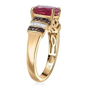 Luxoro AAA Montepuez Ruby and Natural Champagne and White Diamond I2 3.05 ctw Heirloom Floral Blaze Ring in 10K Yellow Gold (Size 6.0)