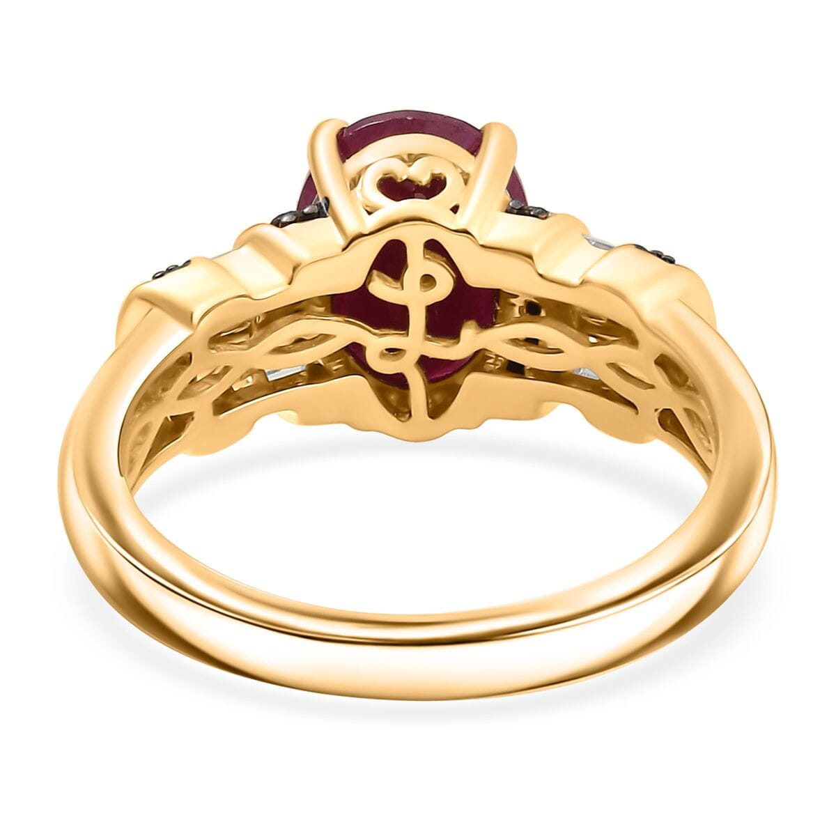 Luxoro AAA Mozambique Ruby and Natural Champagne and White Diamond I2 3.05 ctw Heirloom Floral Blaze Ring in 10K Yellow Gold (Size 6.0) image number 4