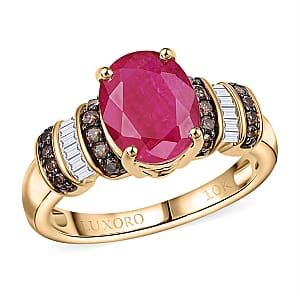 Luxoro AAA Montepuez Ruby and Natural Champagne and White Diamond I2 3.05 ctw Heirloom Floral Blaze Ring in 10K Yellow Gold (Size 7.0)