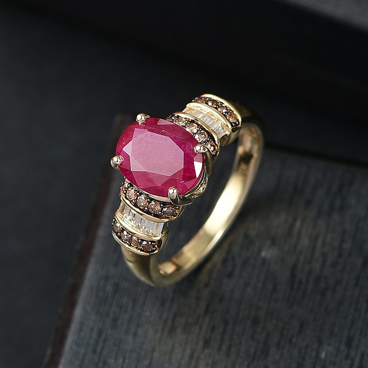 Luxoro AAA Montepuez Ruby and Natural Champagne and White Diamond I2 3.05 ctw Heirloom Floral Blaze Ring in 10K Yellow Gold (Size 7.0) image number 1
