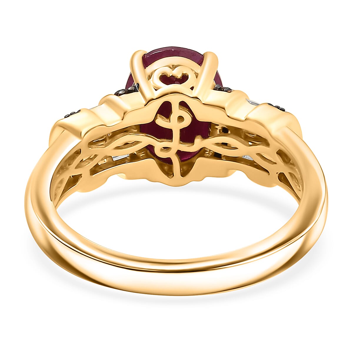 Luxoro AAA Montepuez Ruby and Natural Champagne and White Diamond I2 3.05 ctw Heirloom Floral Blaze Ring in 10K Yellow Gold (Size 7.0) image number 4