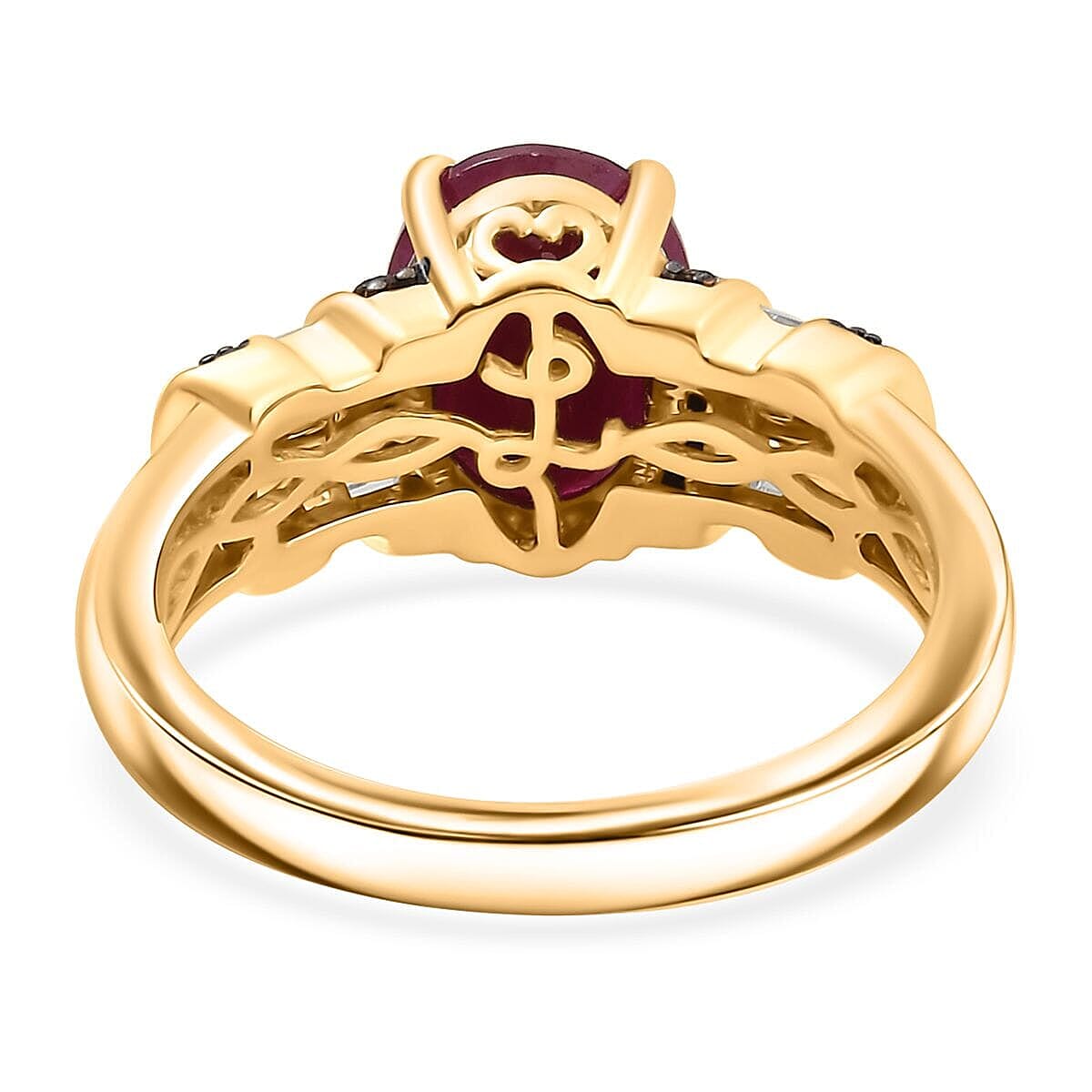 Luxoro AAA Montepuez Ruby and Natural Champagne and White Diamond I2 3.05 ctw Heirloom Floral Blaze Ring in 10K Yellow Gold (Size 8.5) image number 4
