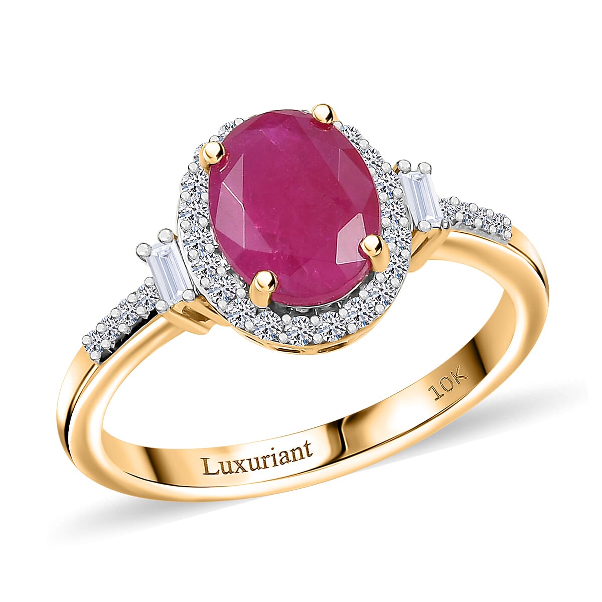 AAA Montepuez Ruby and Luxuriant Lab Grown Diamond EF-VS 3.10 ctw Crownlight Ring in 10K Yellow Gold (Size 6.0) image number 0