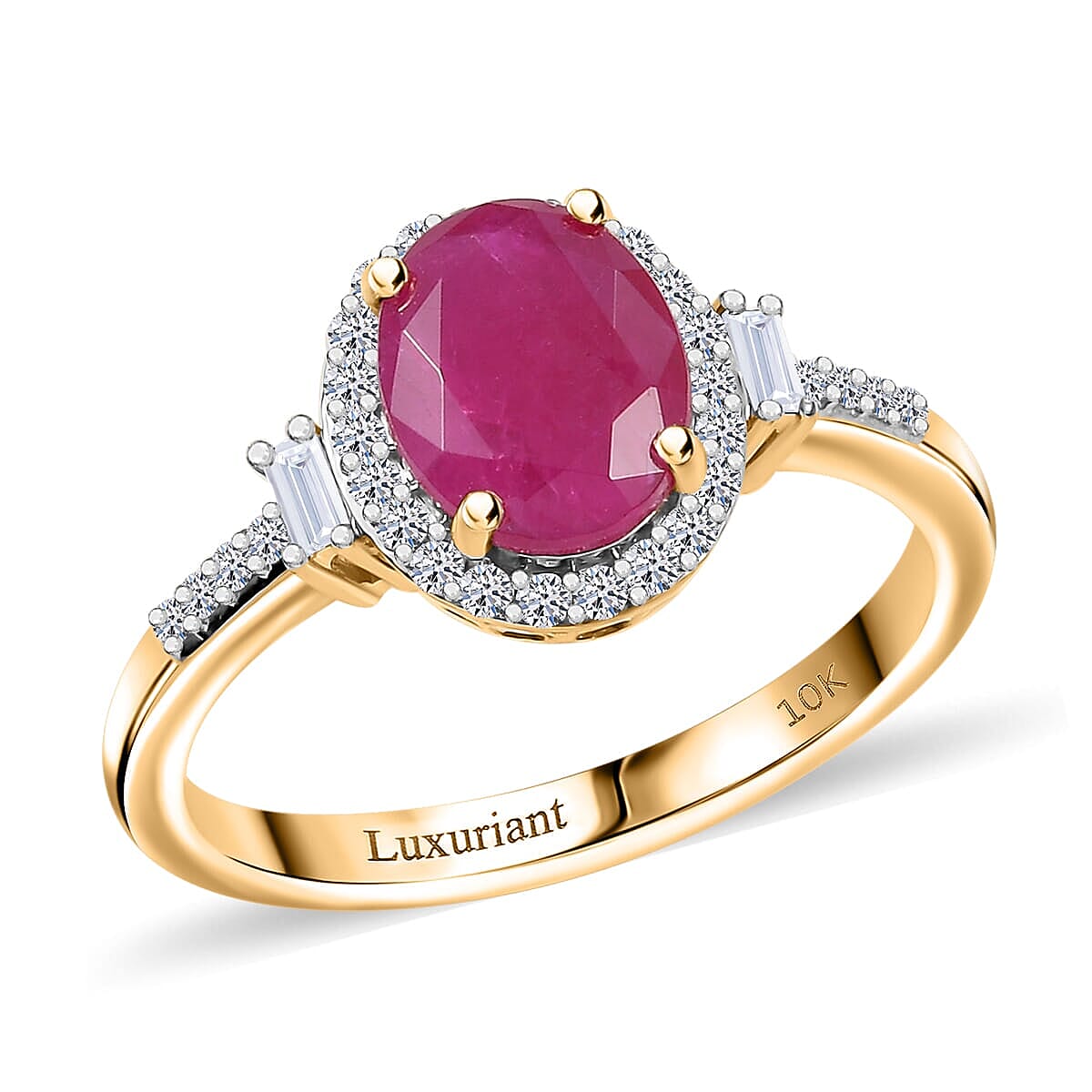 AAA Montepuez Ruby and Luxuriant Lab Grown Diamond EF-VS 3.10 ctw Crownlight Ring in 10K Yellow Gold (Size 6.5) image number 0