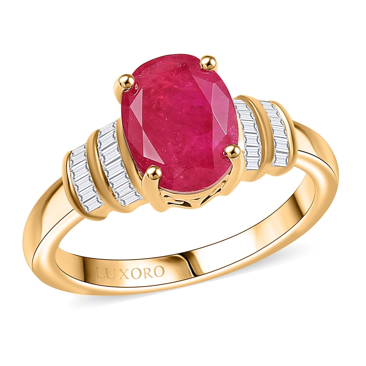 Luxoro Premium Montepuez Ruby and I2 Diamond 2.80 ctw Dynasty Deco Ring in 10K Yellow Gold (Size 9.5) image number 0