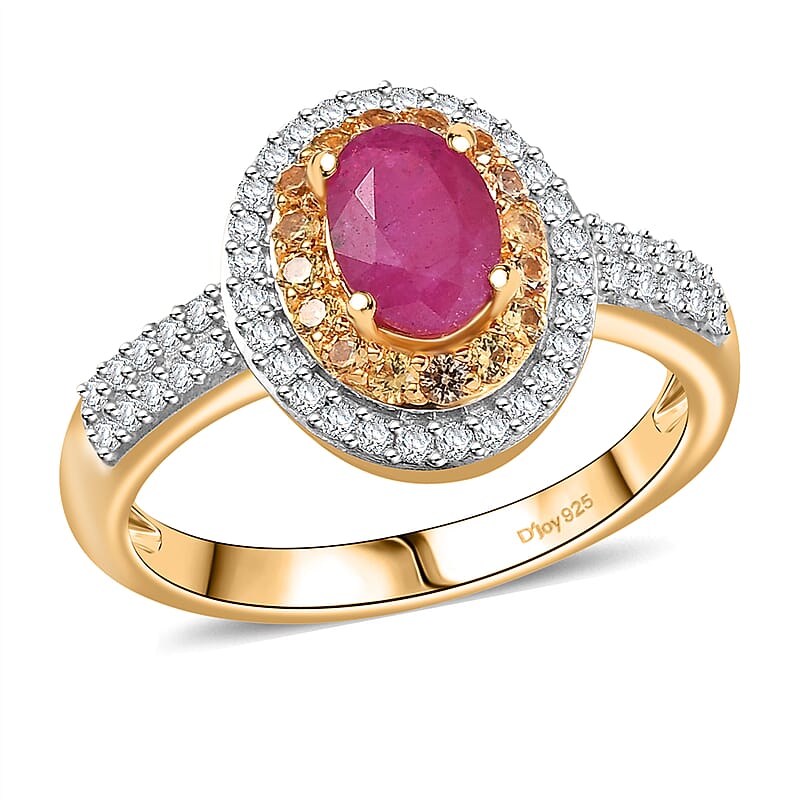 D'Joy Premium Montepuez Ruby and Multi Gemstone 1.70 ctw Sunfire Regalia Ring in 18K Vermeil Yellow Gold Over Sterling Silver (Size 10.0)