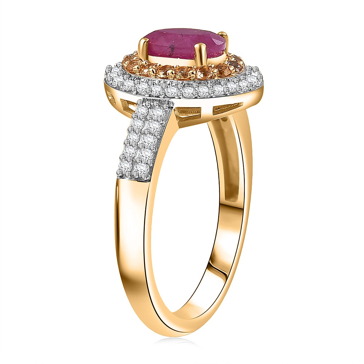 D'Joy Premium Montepuez Ruby and Multi Gemstone 1.70 ctw Sunfire Regalia Ring in 18K Vermeil Yellow Gold Over Sterling Silver (Size 10.0)