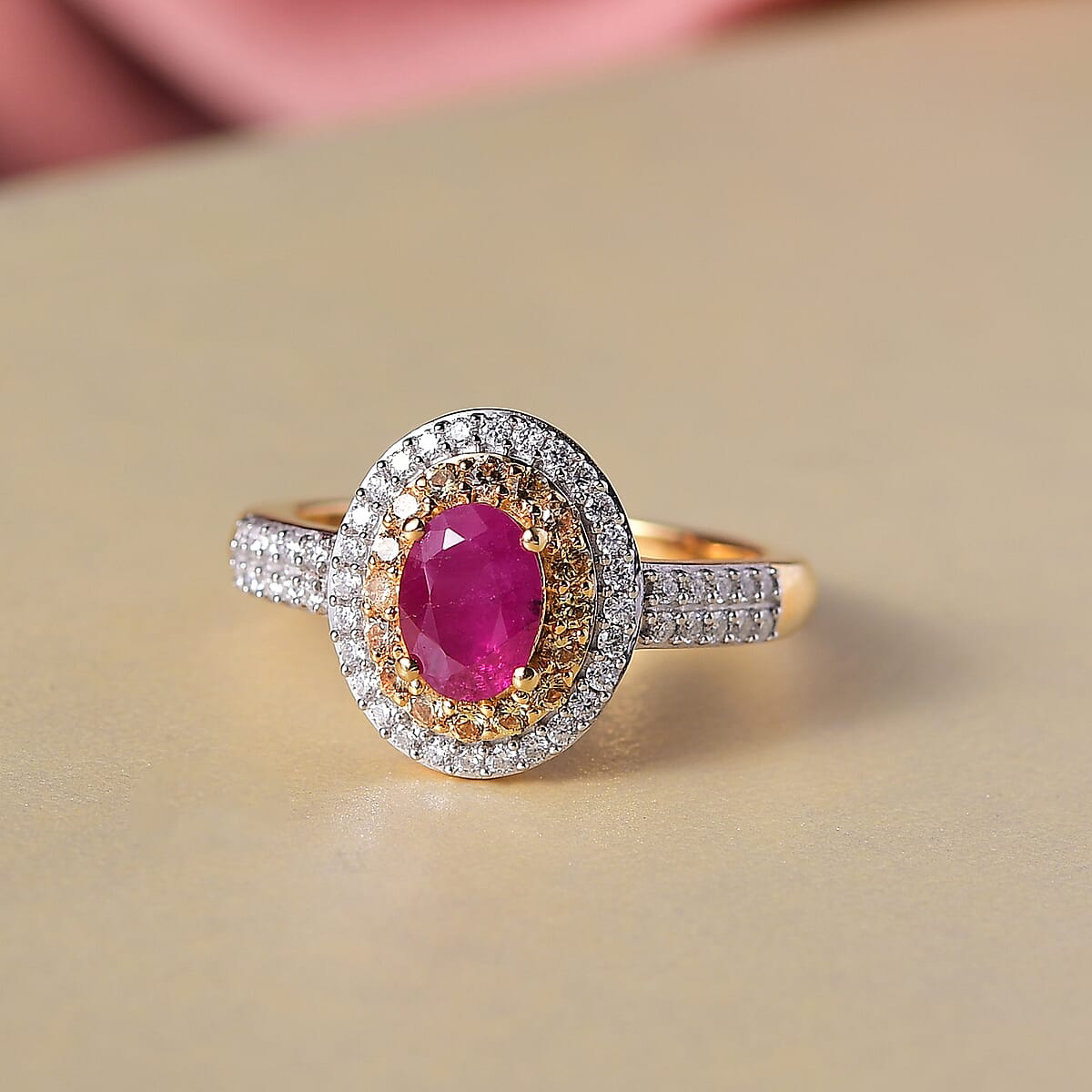 D'Joy Premium Montepuez Ruby and Multi Gemstone 1.70 ctw Sunfire Regalia Ring in 18K Vermeil Yellow Gold Over Sterling Silver (Size 8.0) image number 1