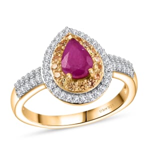 D’Joy Premium Mozambique Ruby and Multi Gemstone 1.55 ctw Sunfire Regalia Ring in 18K Vermeil Yellow Gold Over Sterling Silver (Size 10.0)