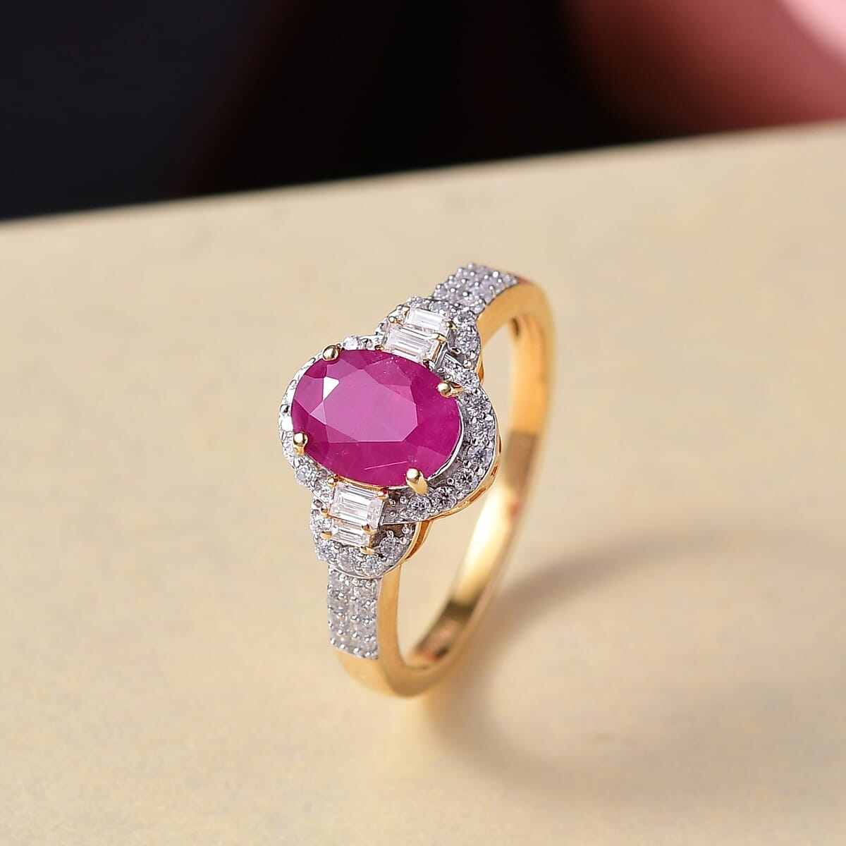 D’Joy Premium Mozambique Ruby and Moissanite 2.00 ctw Ring in 18K Vermeil Yellow Gold Over Sterling Silver image number 1
