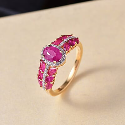 D'Joy Premium Montepuez Ruby and Moissanite 2.60 ctw Regal Bloom Ring in 18K Vermeil Yellow Gold Over Sterling Silver (Size 10.0)