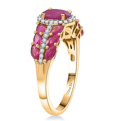 D'Joy Premium Montepuez Ruby and Moissanite 2.60 ctw Regal Bloom Ring in 18K Vermeil Yellow Gold Over Sterling Silver (Size 10.0)