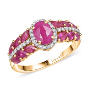 D’Joy Premium Mozambique Ruby, Moissanite Regal Bloom Ring in 18K Vermeil YG Over Sterling Silver (Size 10.0) 2.60 ctw