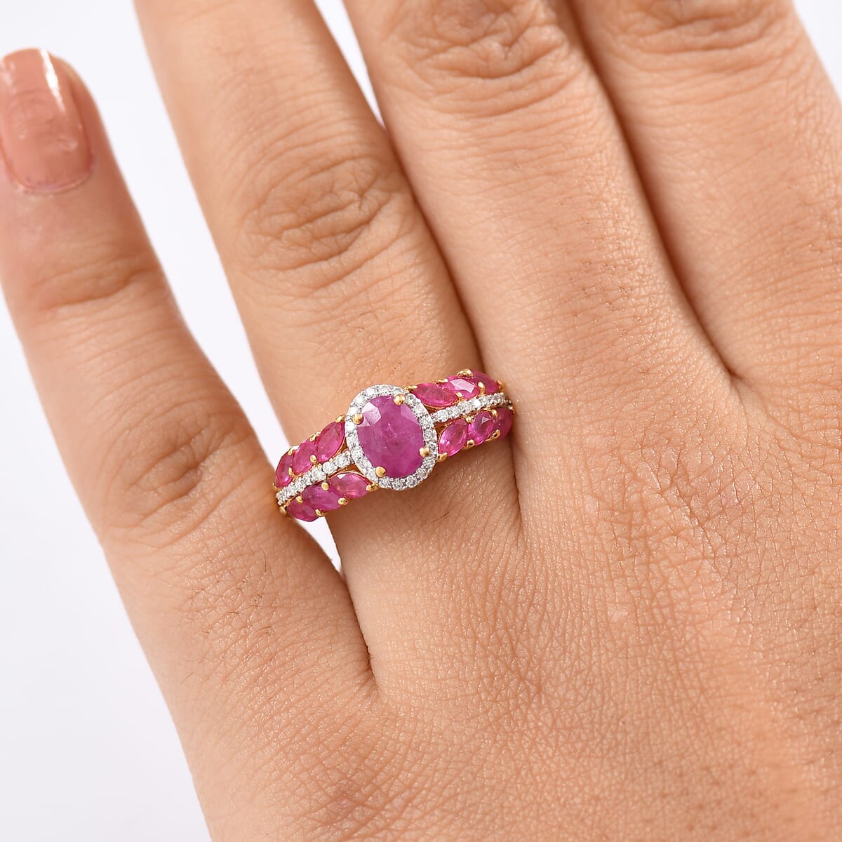D’Joy Premium Mozambique Ruby, Moissanite Regal Bloom Ring in 18K Vermeil YG Over Sterling Silver (Size 10.0) 2.60 ctw image number 2