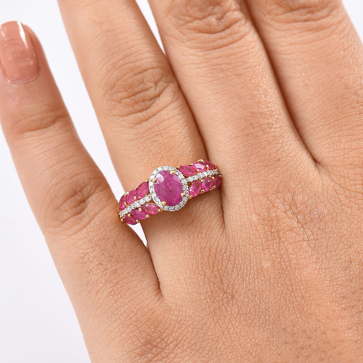 D'Joy Premium Montepuez Ruby and Moissanite 2.60 ctw Regal Bloom Ring in 18K Vermeil Yellow Gold Over Sterling Silver (Size 8.0) image number 2