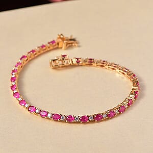 DJoy Premium Montepuez Ruby, Moissanite 7.25 ctw Blaze Flower Vines Bracelet in 18K Vermeil Yellow Gold Over Sterling Silver (7.25 In)