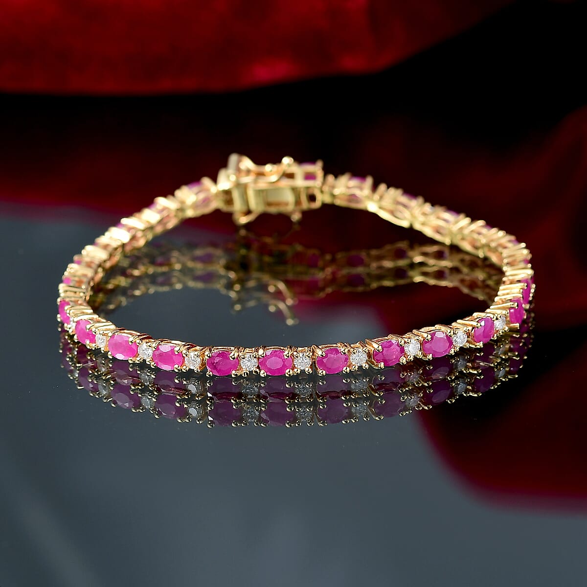 D'Joy Montepuez Ruby and Moissanite 9.00 ctw Blaze Flower Vines Bracelet in 18K Vermeil Yellow Gold Over Sterling Silver (8.00 In) image number 1
