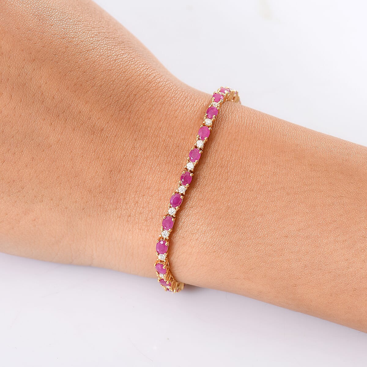 D'Joy Montepuez Ruby and Moissanite 9.00 ctw Blaze Flower Vines Bracelet in 18K Vermeil Yellow Gold Over Sterling Silver (8.00 In) image number 2