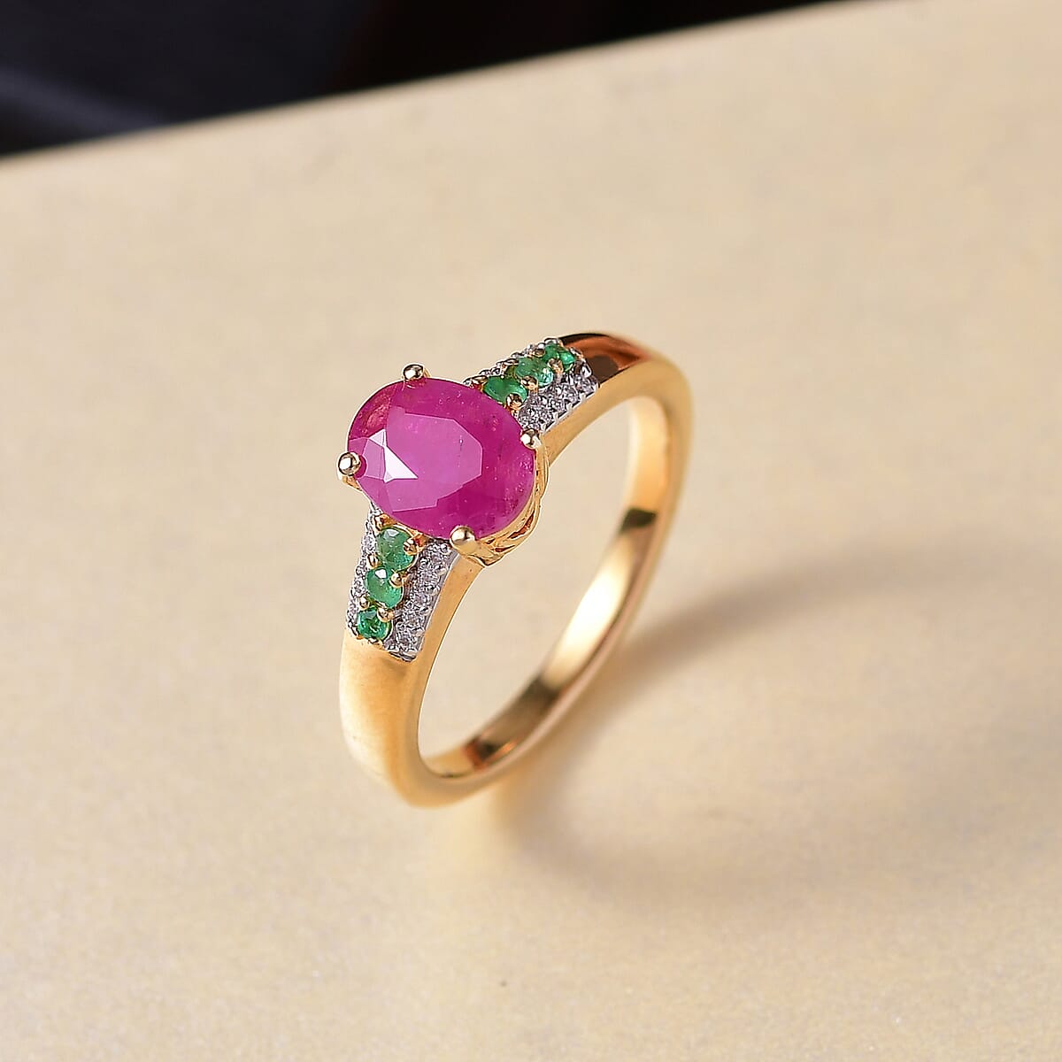 D'Joy Premium Montepuez Ruby and Multi Gemstone 1.90 ctw Verdant Flame Ring in 18K Vermeil Yellow Gold Over Sterling Silver (Size 10.0) image number 1