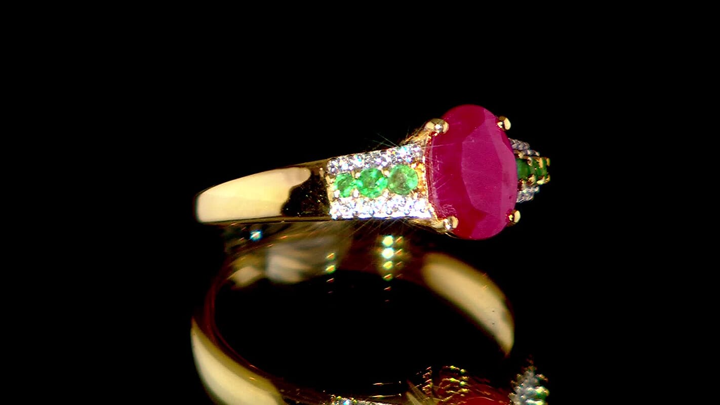 D'Joy Premium Montepuez Ruby and Multi Gemstone 1.90 ctw Verdant Flame Ring in 18K Vermeil Yellow Gold Over Sterling Silver