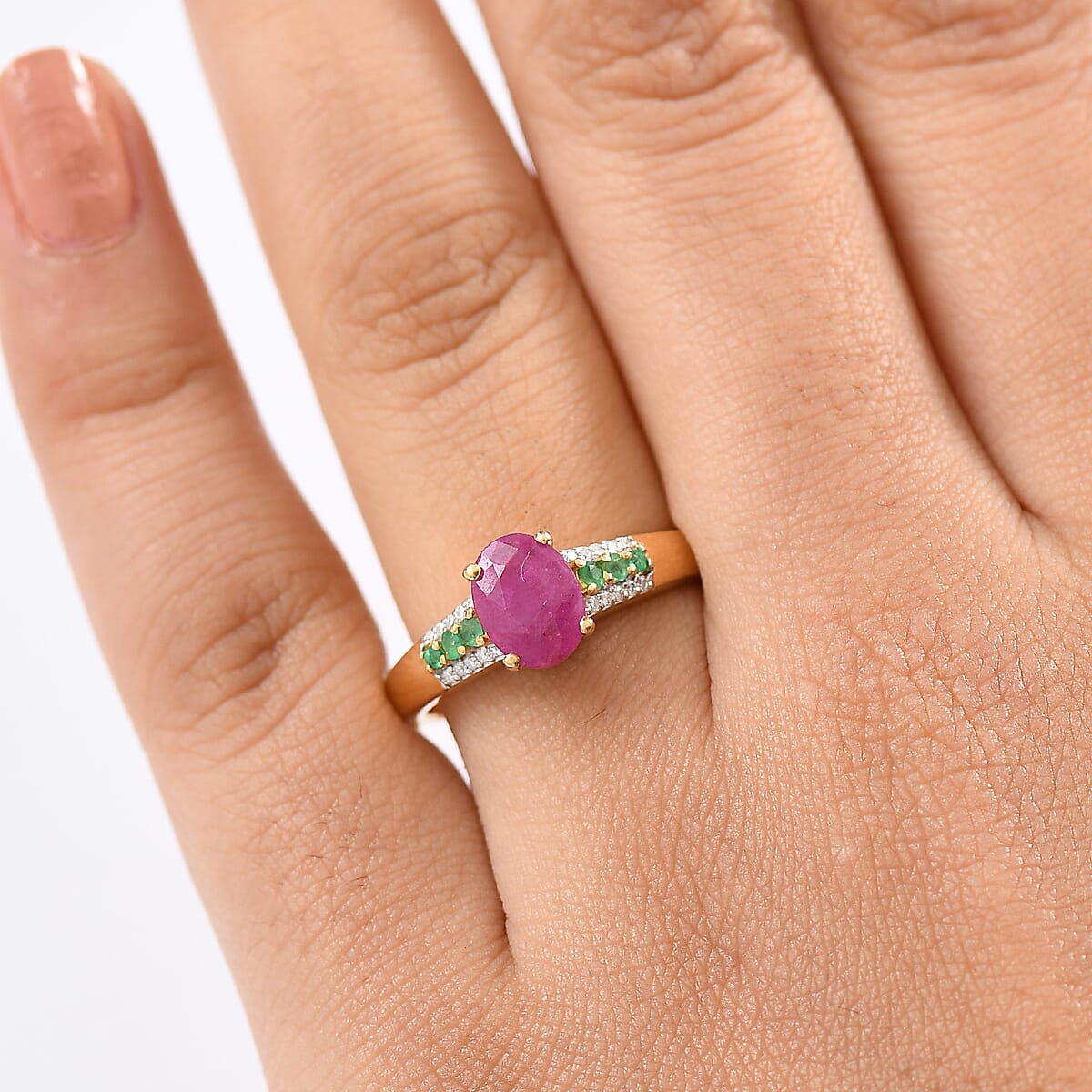 D'Joy Premium Montepuez Ruby and Multi Gemstone 1.90 ctw Verdant Flame Ring in 18K Vermeil Yellow Gold Over Sterling Silver (Size 8.0) image number 2