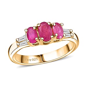 D'Joy Premium Montepuez Ruby and Moissanite 1.30 ctw Royal Trilogy Ring in 18K Vermeil Yellow Gold Over Sterling Silver (Size 10.0)