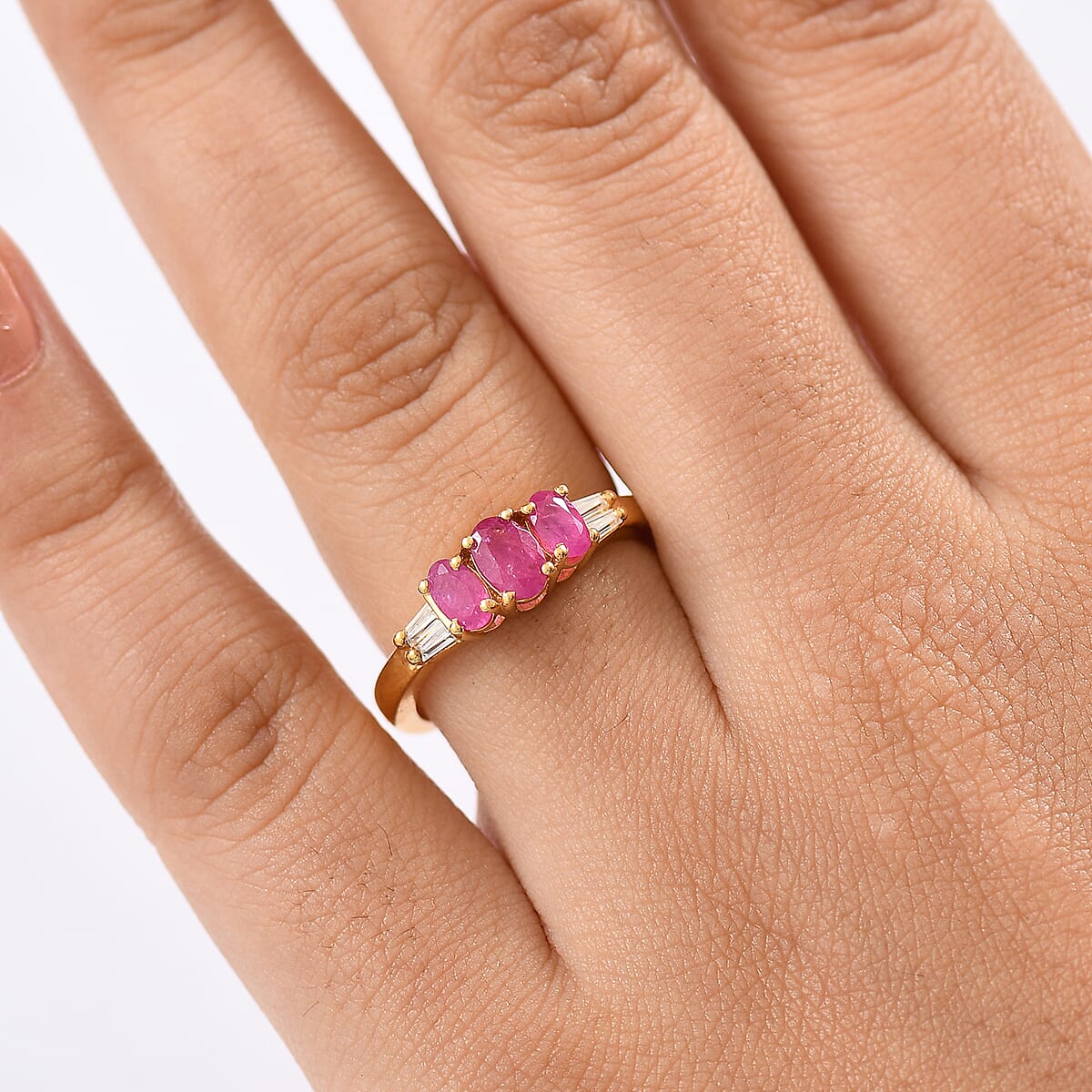 D'Joy Premium Royal Ruby and Moissanite 1.30 ctw Royal Trilogy Ring in 18K Vermeil Yellow Gold Over Sterling Silver (Size 5.0) image number 2