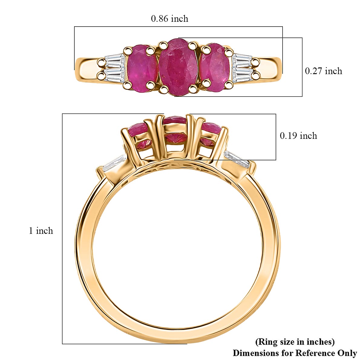 D'Joy Premium Royal Ruby and Moissanite 1.30 ctw Royal Trilogy Ring in 18K Vermeil Yellow Gold Over Sterling Silver (Size 6.0) image number 5