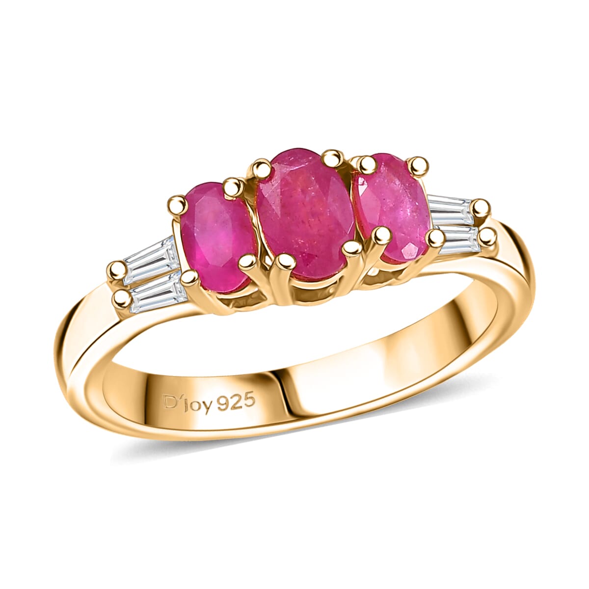 D’Joy Premium Mozambique Ruby and Moissanite 1.30 ctw Royal Trilogy Ring in 18K Vermeil Yellow Gold Over Sterling Silver (Size 7.0)  image number 0