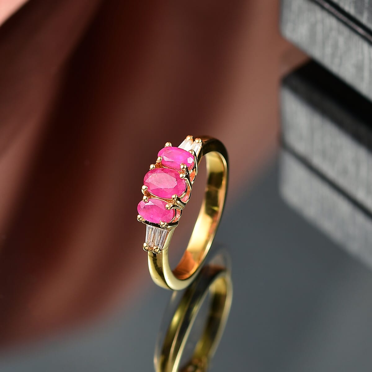 D’Joy Premium Mozambique Ruby and Moissanite 1.30 ctw Royal Trilogy Ring in 18K Vermeil Yellow Gold Over Sterling Silver (Size 7.0)  image number 1