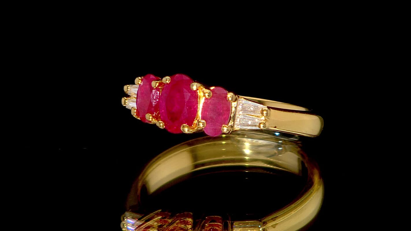 D'Joy Premium Montepuez Ruby and Moissanite 1.30 ctw Royal Trilogy Ring in 18K Vermeil Yellow Gold Over Sterling Silver
