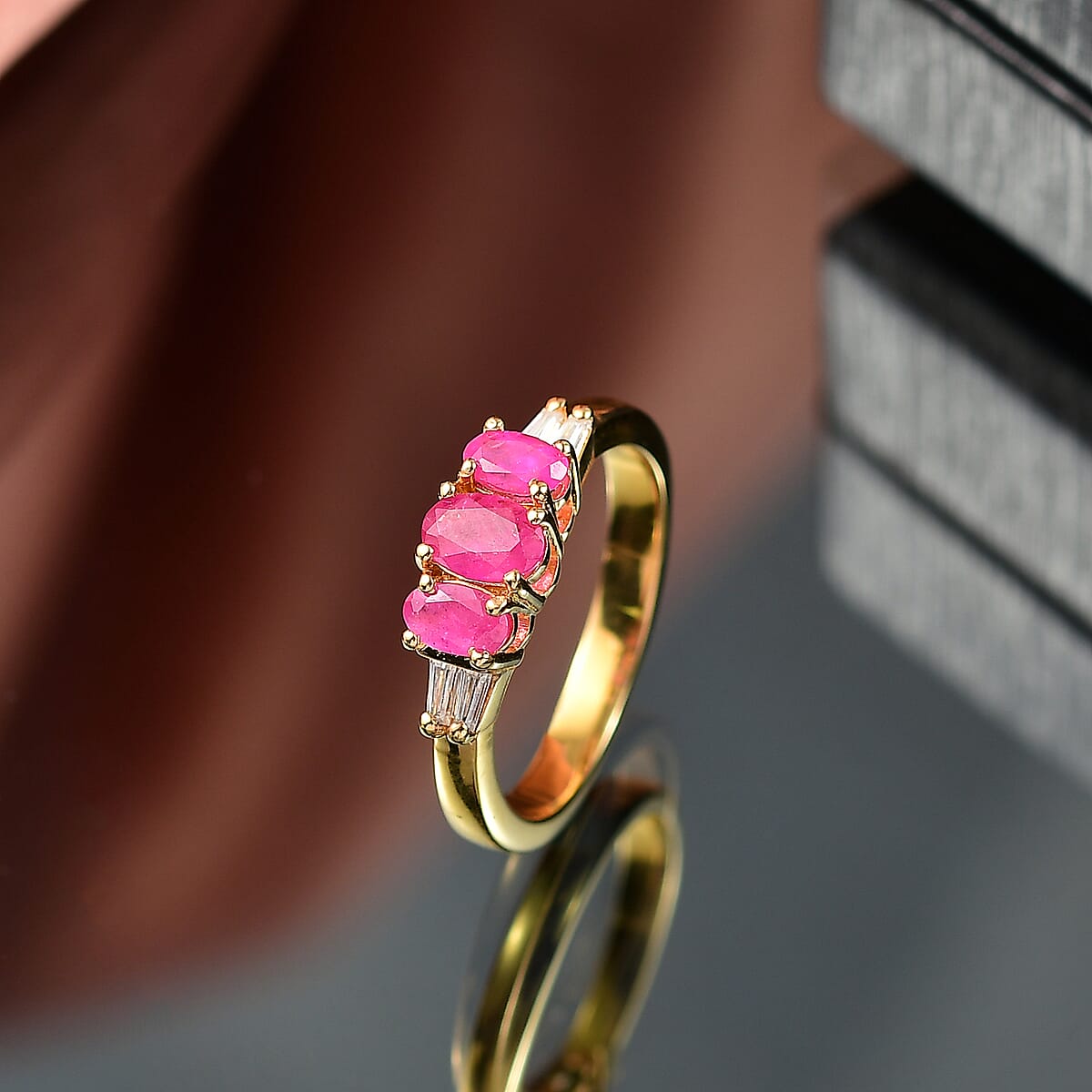 D'Joy Premium Royal Ruby and Moissanite 1.30 ctw Royal Trilogy Ring in 18K Vermeil Yellow Gold Over Sterling Silver (Size 8.0) image number 1