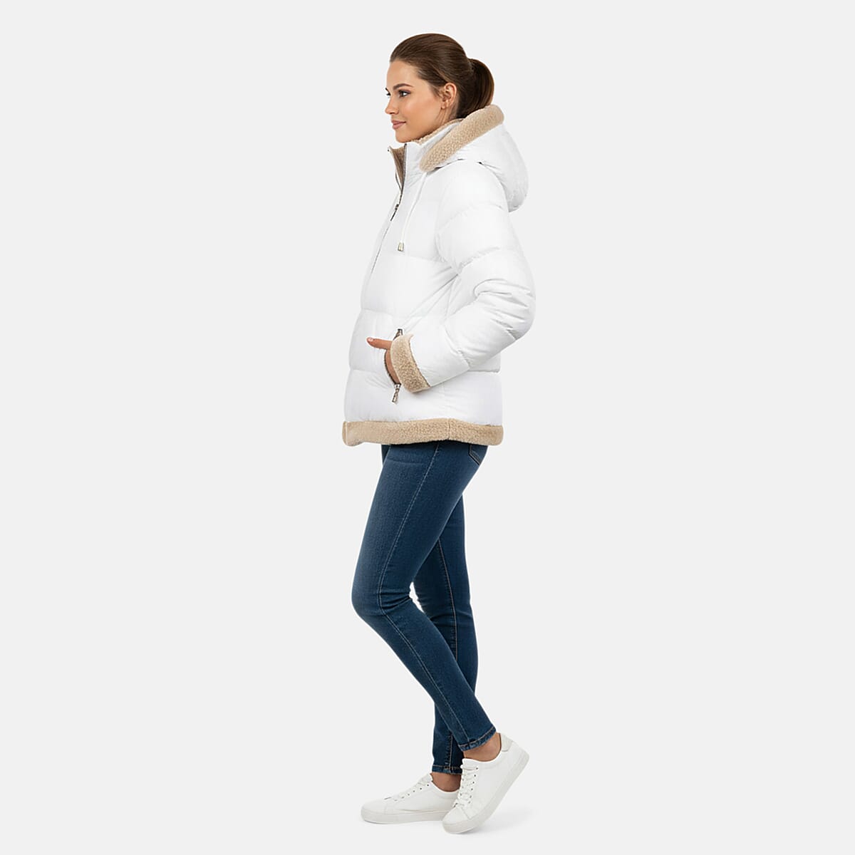 Tanbrige White and Khaki Sherpa Trim Puffer Jacket - L image number 3