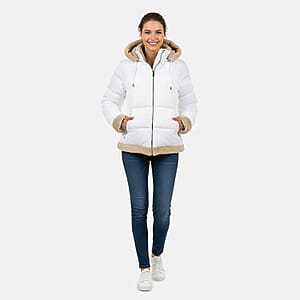  Hanton International White and Khaki Sherpa Trim Puffer Jacket - M