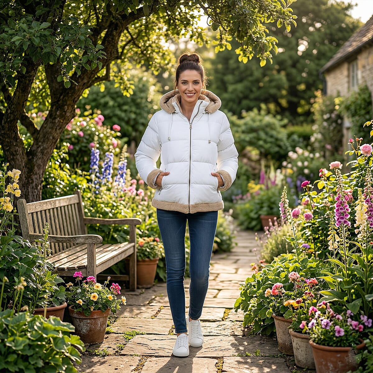  Hanton International White and Khaki Sherpa Trim Puffer Jacket - M image number 1