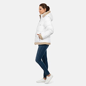  Hanton International White and Khaki Sherpa Trim Puffer Jacket - M