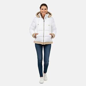  Tanbrige White and Khaki Sherpa Trim Puffer Jacket - XL