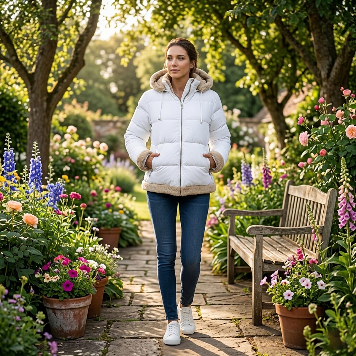  Tanbrige White and Khaki Sherpa Trim Puffer Jacket - XL image number 1