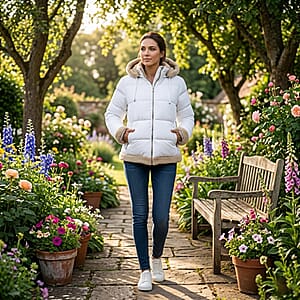  Tanbrige White and Khaki Sherpa Trim Puffer Jacket - XL