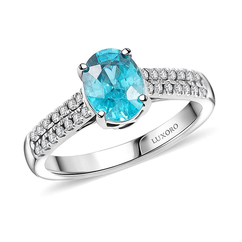 Certified Luxoro AAA Cambodian Blue Zircon, Diamond Ring in 14K White Gold 2.10 ctw (Size 11.0)