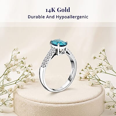 Certified Luxoro AAA Cambodian Blue Zircon, Diamond Ring in 14K White Gold 2.10 ctw (Size 11.0)